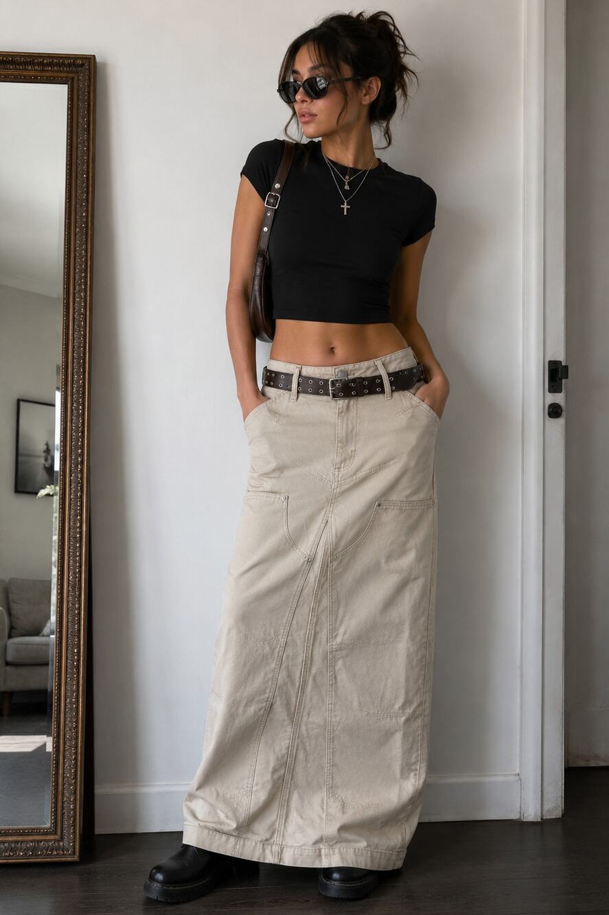 Naked Wardrobe Beige Utility Cargo Maxi Skirt Y2K Workwear Size Large